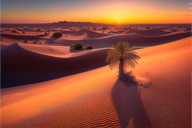 Una escena del desierto con una palmera en primer plano y el sol poniéndose detrás.