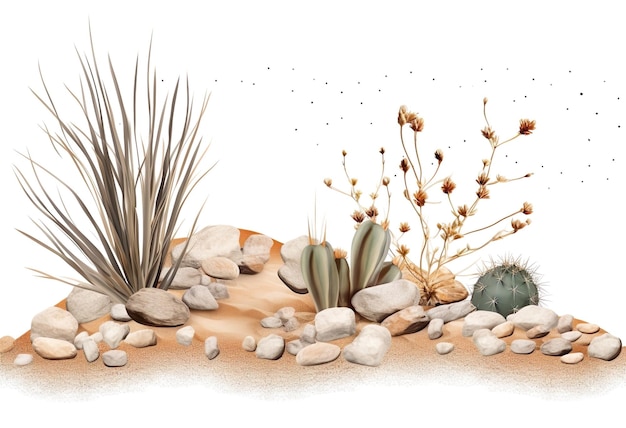 Escena del desierto de plantas secas y guijarros.