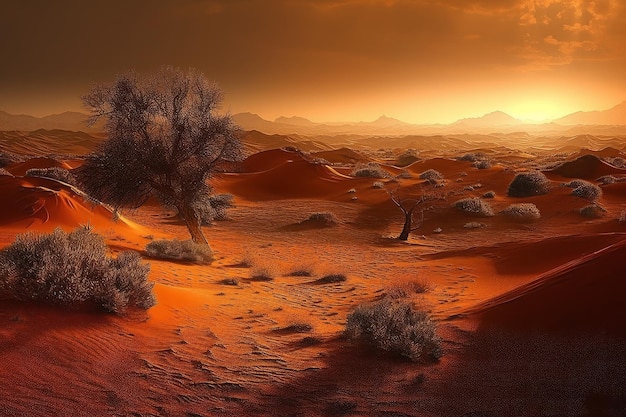 Una escena del desierto con una puesta de sol de fondo.