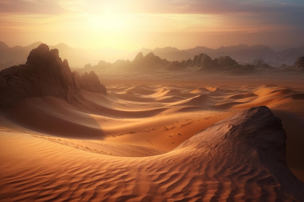 Una escena del desierto con una puesta de sol de fondo.