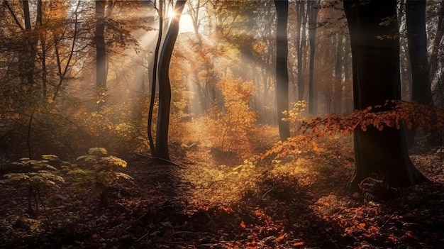 Escena desorientadora de un bosque de recolección de tiempo con rayos de sol que ingresan a través de las ramas Generado por IA