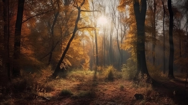 Escena desorientadora de un bosque de recolección de tiempo con rayos de sol que ingresan a través de las ramas Generado por IA