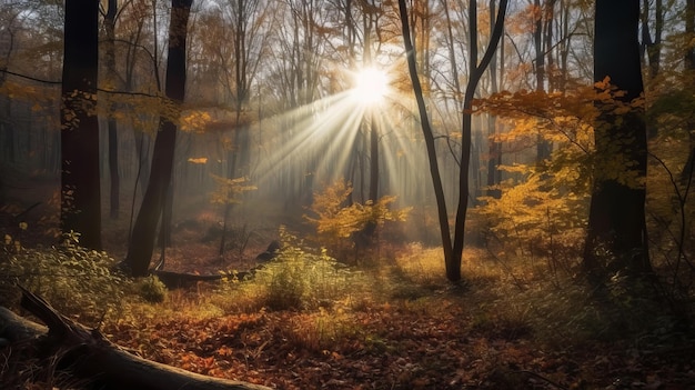 Escena desorientadora de un bosque de recolección de tiempo con rayos de sol que ingresan a través de las ramas Generado por IA