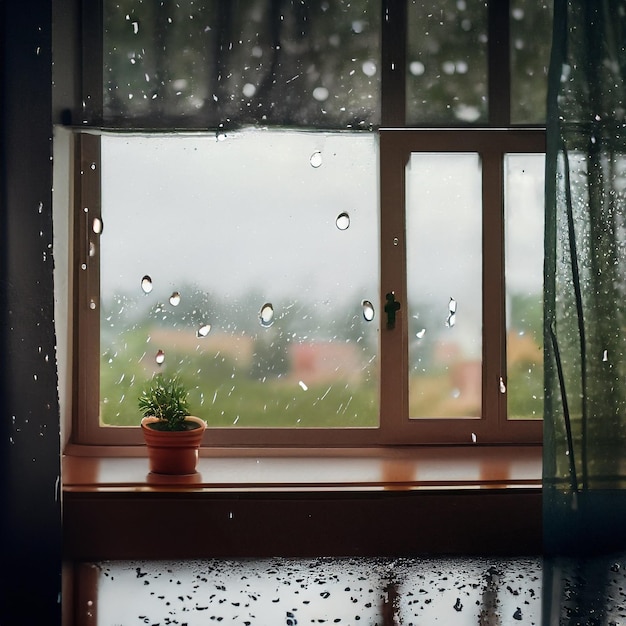 Escena de un día lluvioso desde una ventana dentro de la habitación de casa