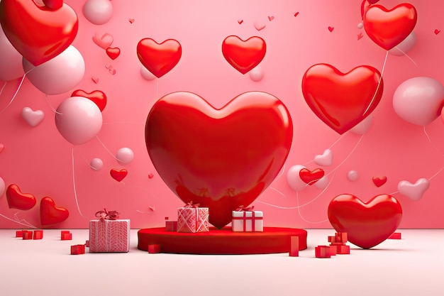 Escena del día de San Valentín 2d con regalos de globos de corazón y globos rojos en el estilo minimalista