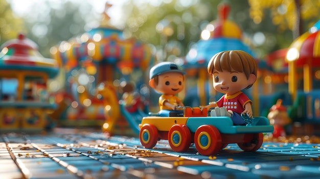 Foto escena de dibujos animados 3d realistas de niños jugando en un columpio y un carrusel disfrutando de su tiempo en un día soleado en el patio de recreo