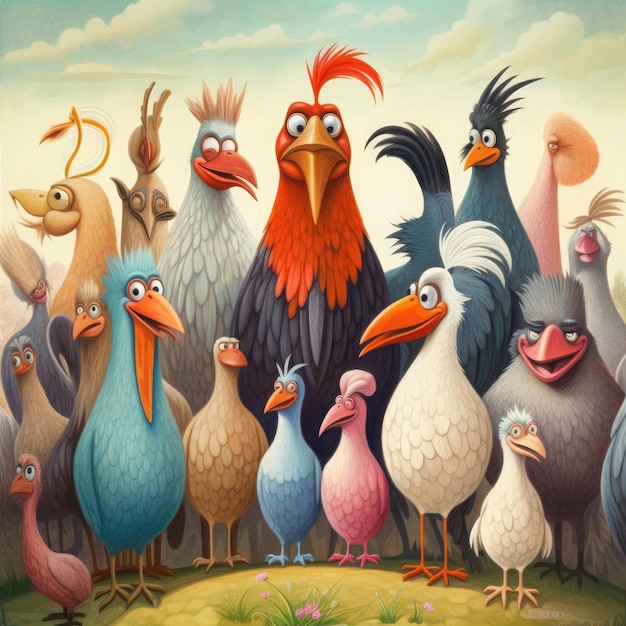 escena de dibujos animados con animales de granja pollo pavo gallo y otras aves