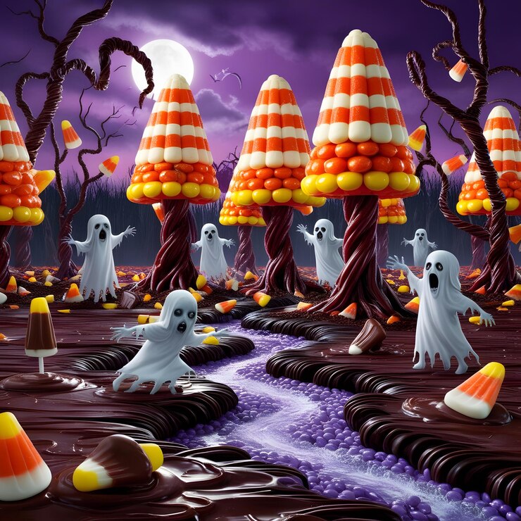 una escena de dibujos animados de un bosque espeluznante con conos de helado y salpicaduras