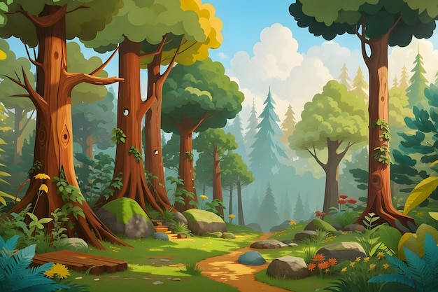 escena de dibujos animados del bosque con varios árboles gener