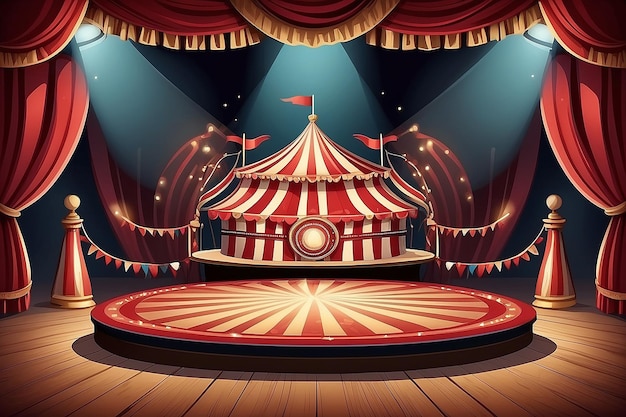 Foto escena de dibujos animados de circo con fondo vectorial de anillo tenda de carnaval con espectáculo de entretenimiento de escena de arena red cortina de teatro con podio e ilustración de reflectores plataforma de actuación de marquesina vintage