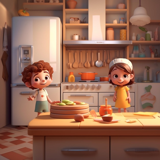 Una escena de dibujos animados de una cocina con dos niños frente a una estufa y un refrigerador.