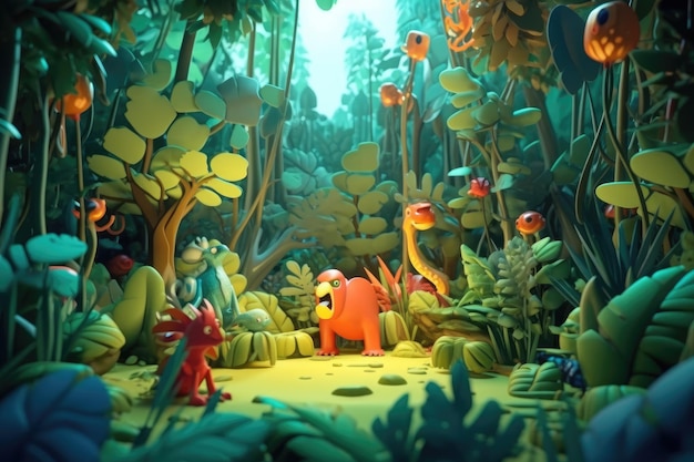 Una escena de dibujos animados de un dinosaurio en un bosque con un pez en el fondo