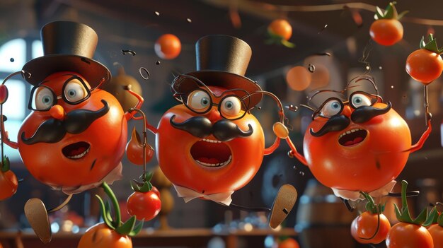 Foto escena de dibujos animados en un giro cómico un grupo de tomates gylooking con monocles y bigotes