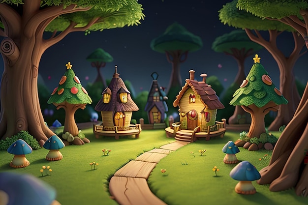 escena de dibujos animados con una hermosa casa de ladrillo rural en el bosque