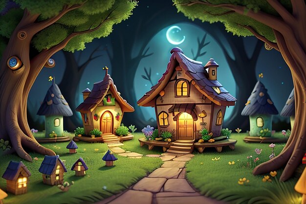 Foto escena de dibujos animados con una hermosa casa de ladrillo rural en el bosque