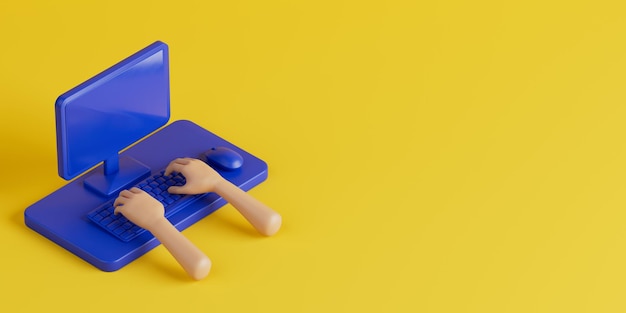 Escena de dibujos animados isométricos con escritorio y manos en un teclado de computadora Renderización 3D
