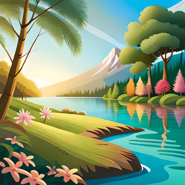 Una escena de dibujos animados con un lago y montañas al fondo.