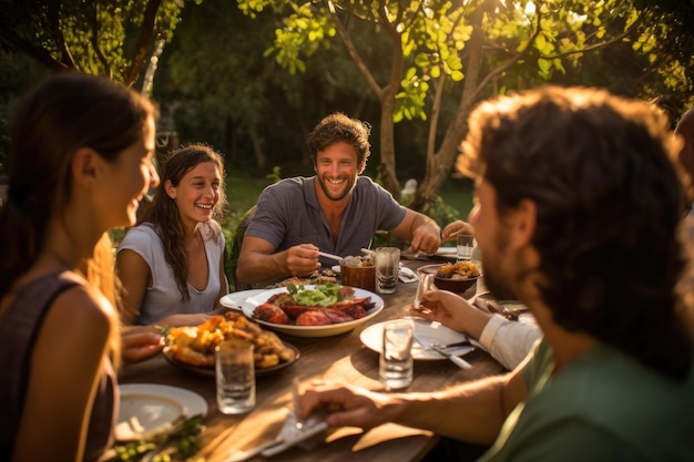 Escena de dibujos animados con personas cenando en el bosque ilustración para niños Una reunión familiar con un banquete juegos y risas AI generado