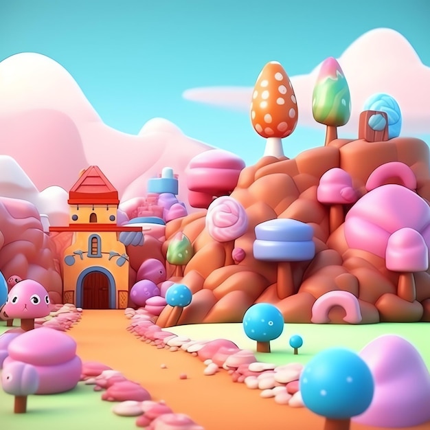 Foto una escena de dibujos animados de un pueblo con un castillo y un edificio rosa y azul.