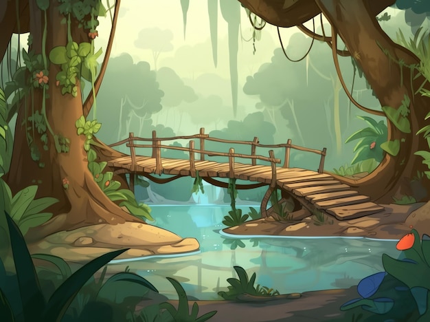 Una escena de dibujos animados con un puente y un río en el medio.