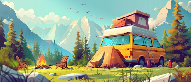 La escena de dibujos animados representa una camioneta con equipaje en la parte superior una tienda una silla de estar y una fogata en un bosque cerca de las montañas