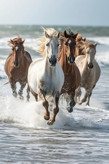 una escena dinámica de caballos salvajes corriendo a lo largo de la costa