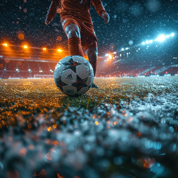 Una escena dinámica en un estadio de fútbol al anochecer humo y multitud