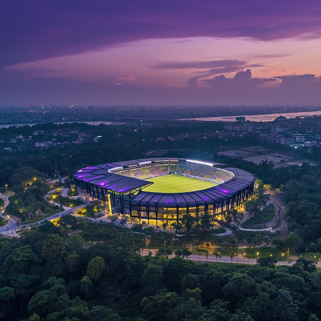 Foto una escena dinámica en un estadio de fútbol al anochecer humo y multitud