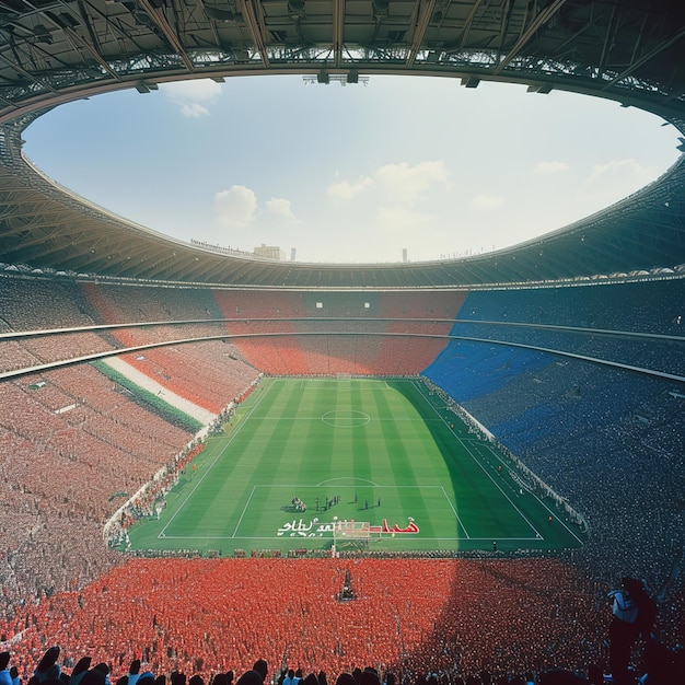 Una escena dinámica en un estadio de fútbol al anochecer humo y multitud