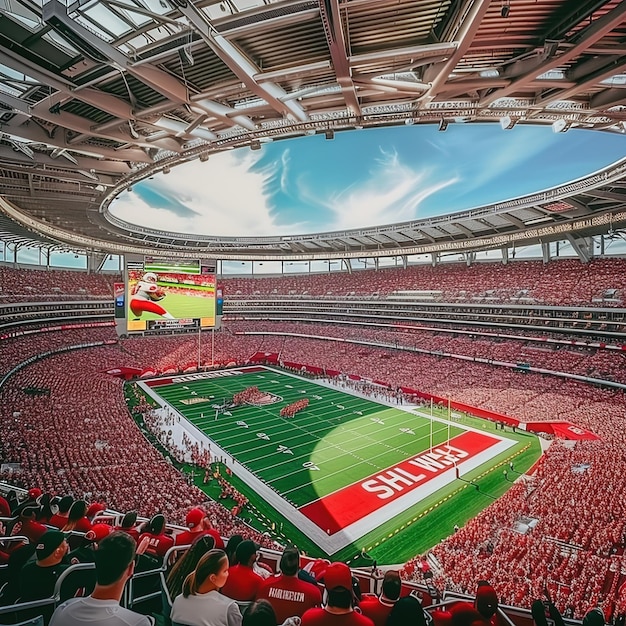 Una escena dinámica en un estadio de fútbol al anochecer humo y multitud