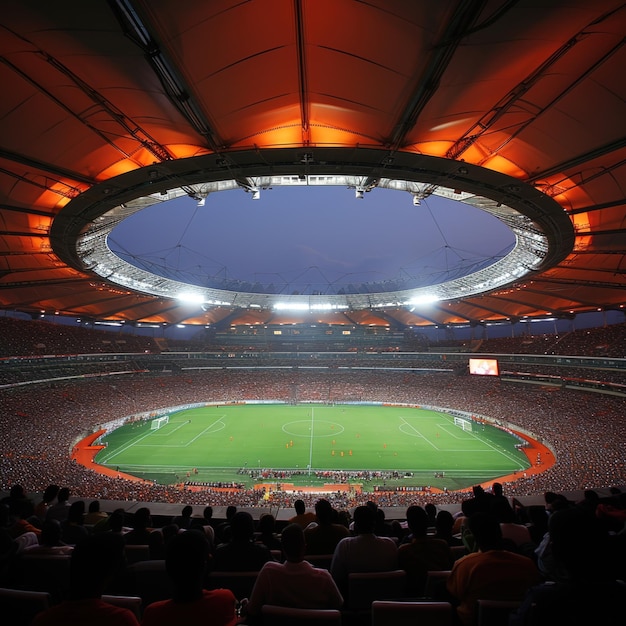 Una escena dinámica en un estadio de fútbol al anochecer humo y multitud