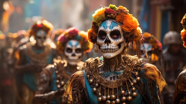 una escena dinámica que presenta una procesión de esqueletos elaboradamente vestidos que bailan en celebración