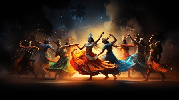 una escena dinámica que representa un espectáculo de danza tradicional de Indonesia