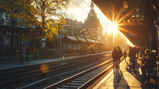 Escena dinámica de viaje Viajeros y familias juntos en la estación