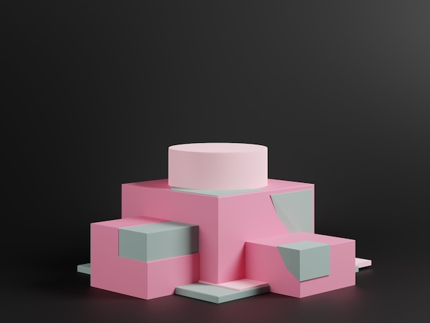 Escena de diseño abstracto 3d con podio rosa sobre fondo negro.