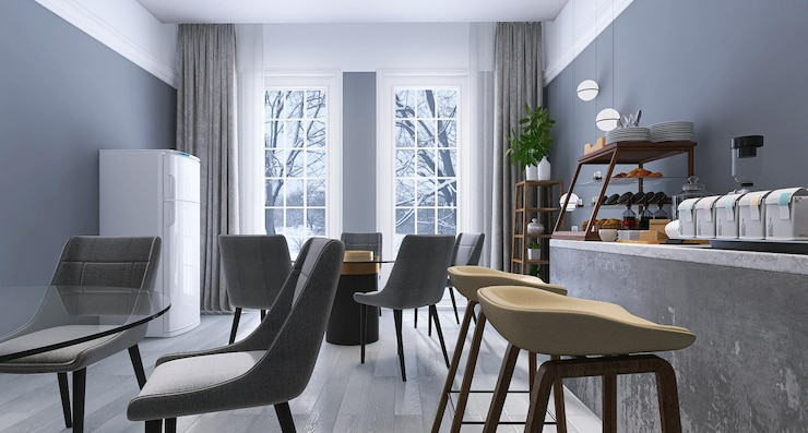Foto escena de diseño de interiores de cafetería pequeña con sillas de mesa de comedor ventanas de mostrador de panadería cortinas de nieve