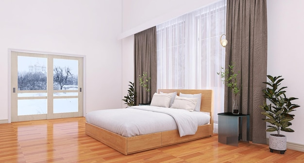 Escena de diseño de interiores de dormitorio moderno con cortinas de cama y ventanas