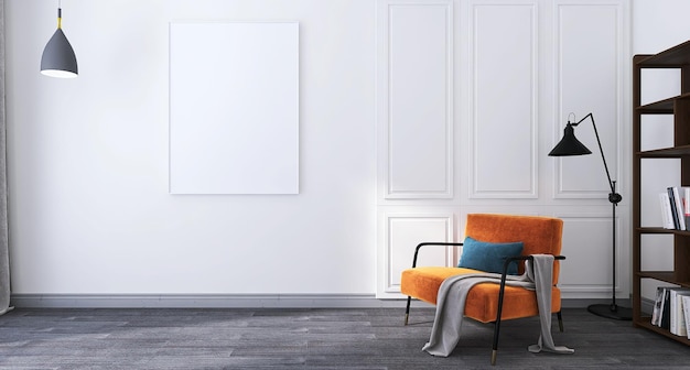 Escena de diseño de interiores de sala de estar mínima con maqueta de marco de póster en blanco