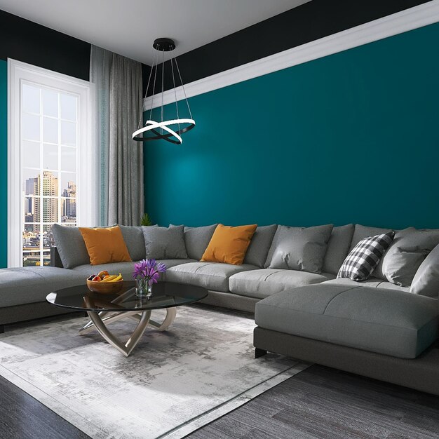 Escena de diseño de interiores de sala de estar moderna con sofá ventanas edificios fondo verde