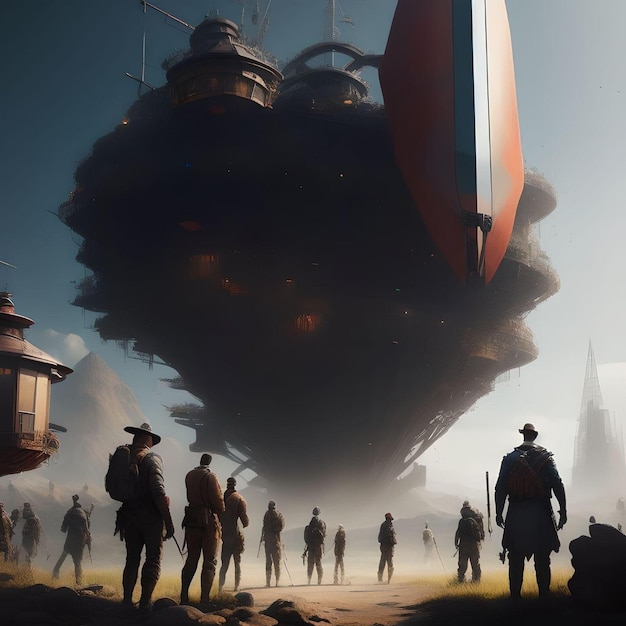 Escena distópica del Apocalipsis con niebla y gente reunida alrededor de Abstract City
