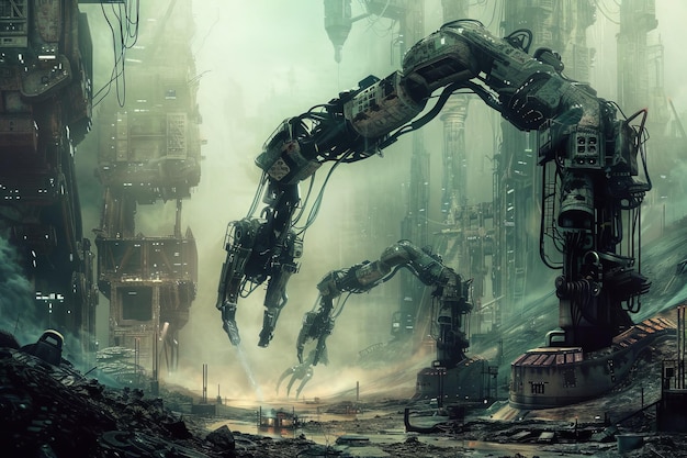Escena distópica futurista con brazos mecánicos gigantes en un paisaje urbano industrial desolado Arte conceptual de un futuro apocalíptico