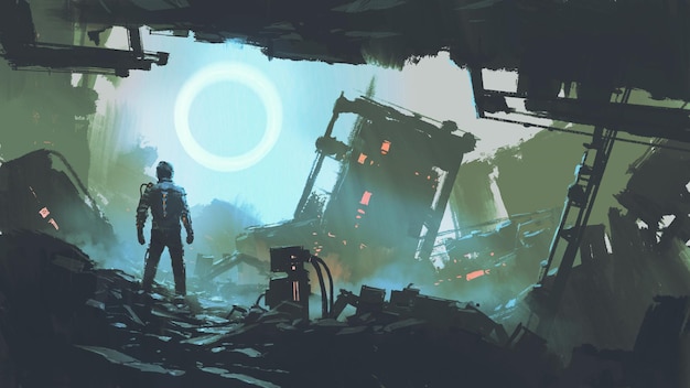 Una escena distópica que muestra a un hombre futurista de pie en la pintura de ilustración de la ciudad en ruinas