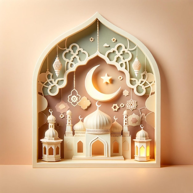 Escena do Ramadão em pastel com arte de papel 3D com motivos islâmicos