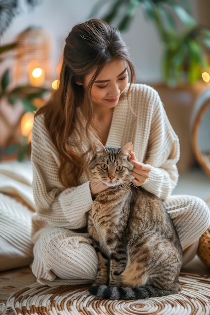 Foto escena doméstica acogedora con una mujer joven acurrucando al adorable gato tabby en casa