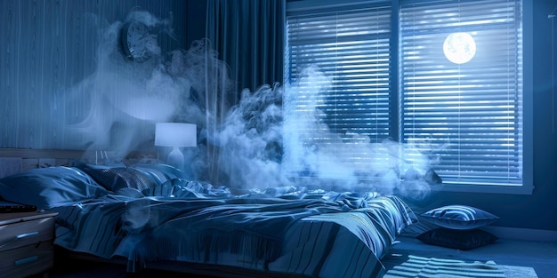 Escena de dormitorio de mal humor con la luz de la luna filtrándose a través de persianas y una niebla suave girando