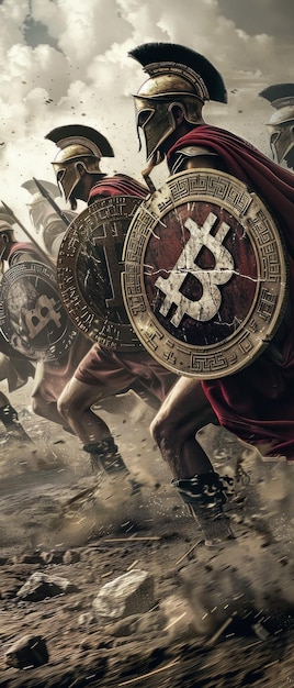 Una escena dramática de guerreros espartanos en la batalla Símbolos de Bitcoin en escudos que se rompen ilustrando los riesgos de inversión Foto publicitaria