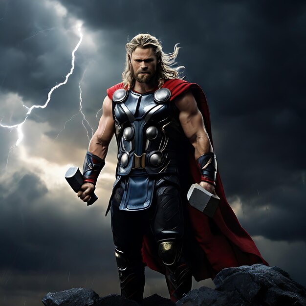 Una escena dramática que muestra a Thor en una postura poderosa generada por la IA