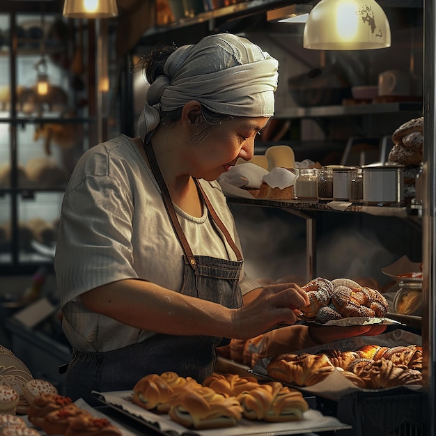 Escena del dueño de la panadería empaquetando felices los pedidos