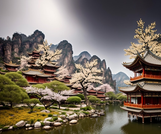 Una escena de un edificio de estilo chino con un estanque y árboles con flores rosas en las ramas.