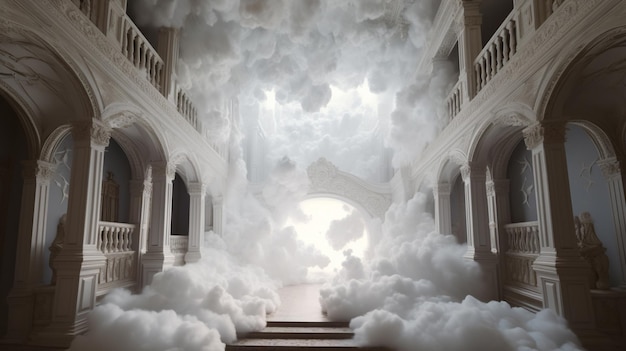 Una escena de un edificio con muchas nubes y humo.